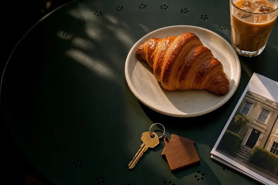 A croissant, an iced coffee, a house key and an estate agent’s brochure on a café table