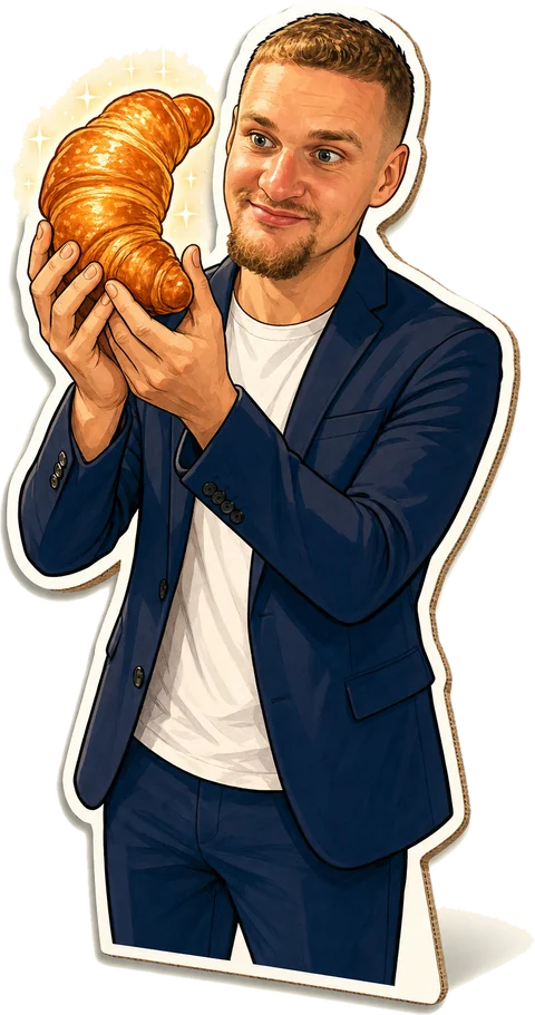 Cardboard cut-out caricature of Samuel Leeds gazing into a croissant like a crystal ball